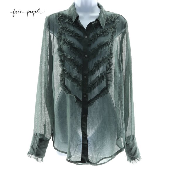 Free People Tops - Free People Sheer Sage Green Ruffle Tuxedo Button Down Top Women’s Size Medium
